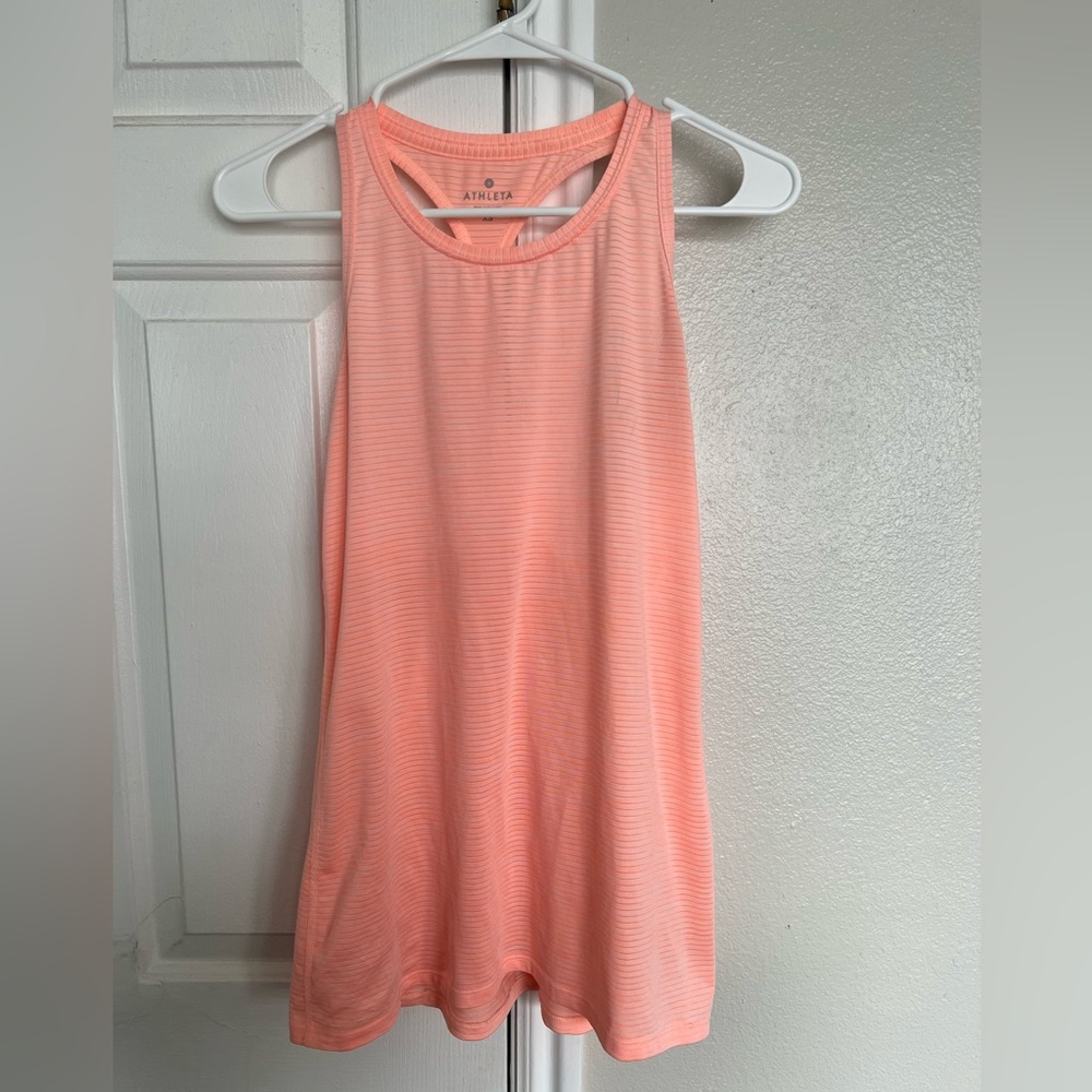 Athleta Shadow Stripe High Neck Tank in Peach Semi-Sheer